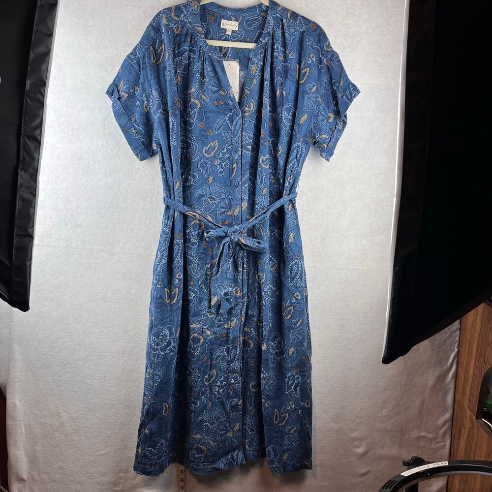 Wonderly Women's XL Midi Dress Button Up Belted Paisley Blue Chambray V Neck